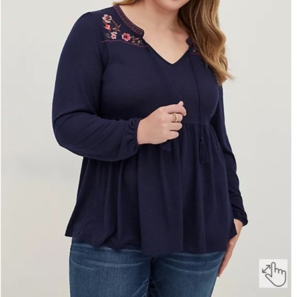Torrid Navy Embroidered Women's Boho Peplum Top